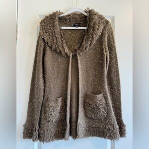 Brown Knit Cardigan with Fringe and Gold Sequins